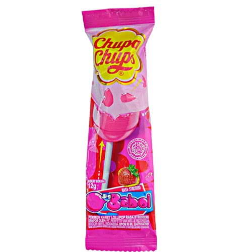Chupa Chups Strawberry Flavour Bubble Gum Filled Lollipop 12g